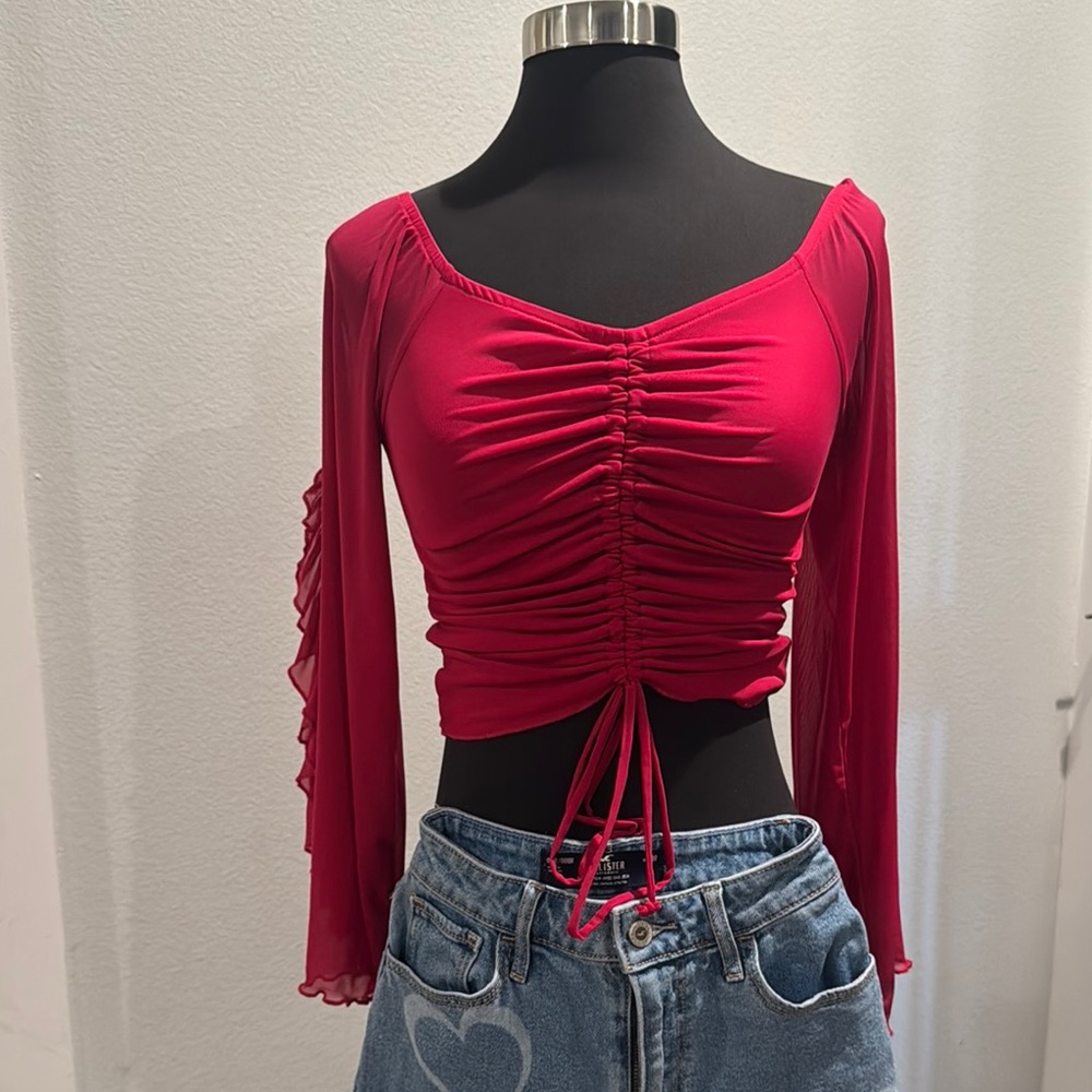 Red Ruched Crop Blouse with Tie Front